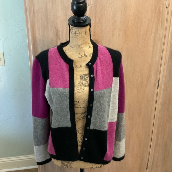 Charter club cashmere 2-ply color blocked cardigan sweater pink/grey w/ flaw - Picture 2 of 12